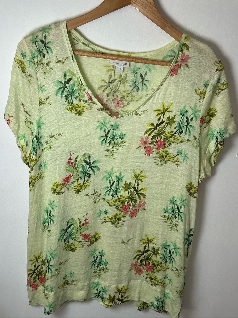 J Jill 100% Linen Tropical Floral Top Short Sleeve Coral Pink Women's L - Picture 1 of 11